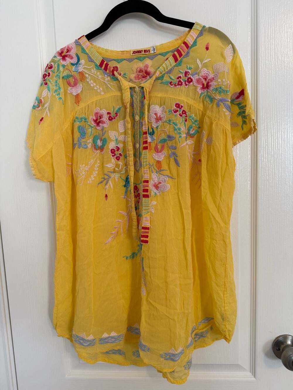 Johnny Was Yellow Embroidered Floral Tie Neck Blouse Size L Cupra Rayon Boho Top